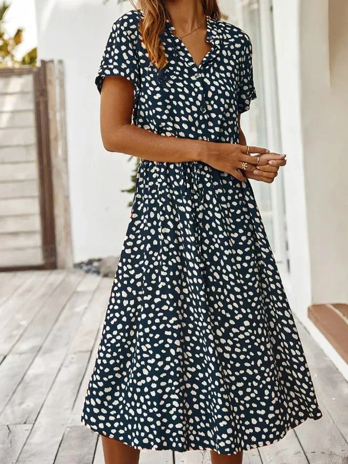 Heidi-Mode | Elegantes Kurzärmliges Hemdblusenkleid mit Polka Dots und Kordelzug In Der Taille - Image 15