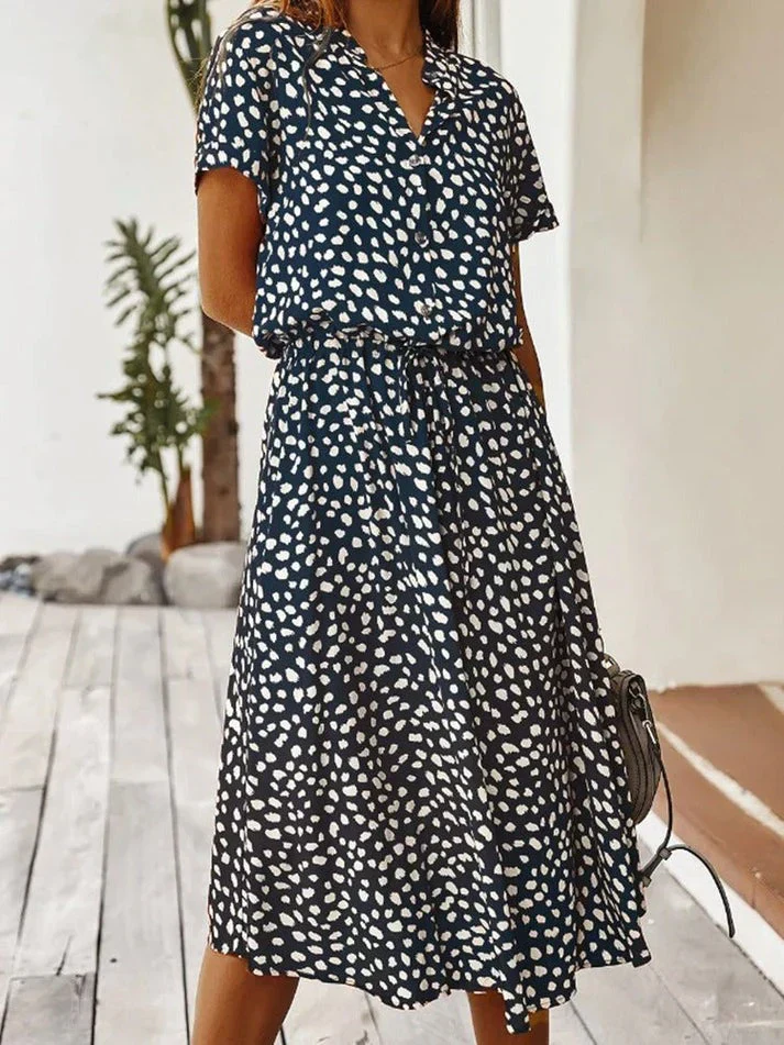 Heidi-Mode | Elegantes Kurzärmliges Hemdblusenkleid mit Polka Dots und Kordelzug In Der Taille - Image 7