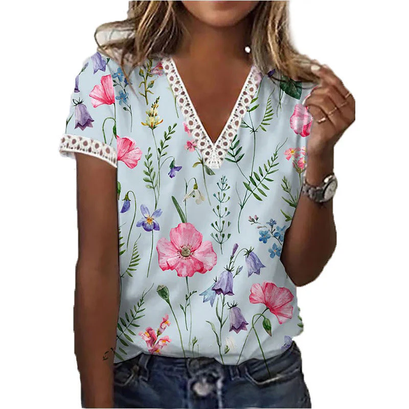 Heidi-Mode | Elegantes T-Shirt mit Kurzen Ärmeln und V-Ausschnitt Print für Damen - Image 3