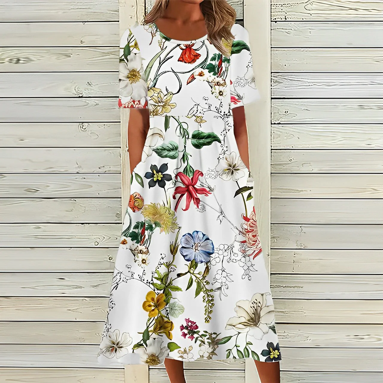 Heidi-Mode | Elegantes Weißes Blumiges Midikleid für Damen - Image 2