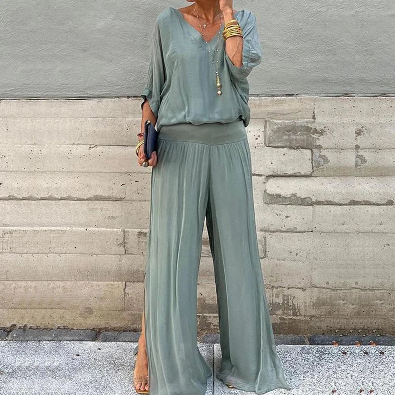 Heidi-Mode | Elegantes Zweiteiliges Set Aus Chiffonoberteil und Hose mit Weitem Bein - Image 3