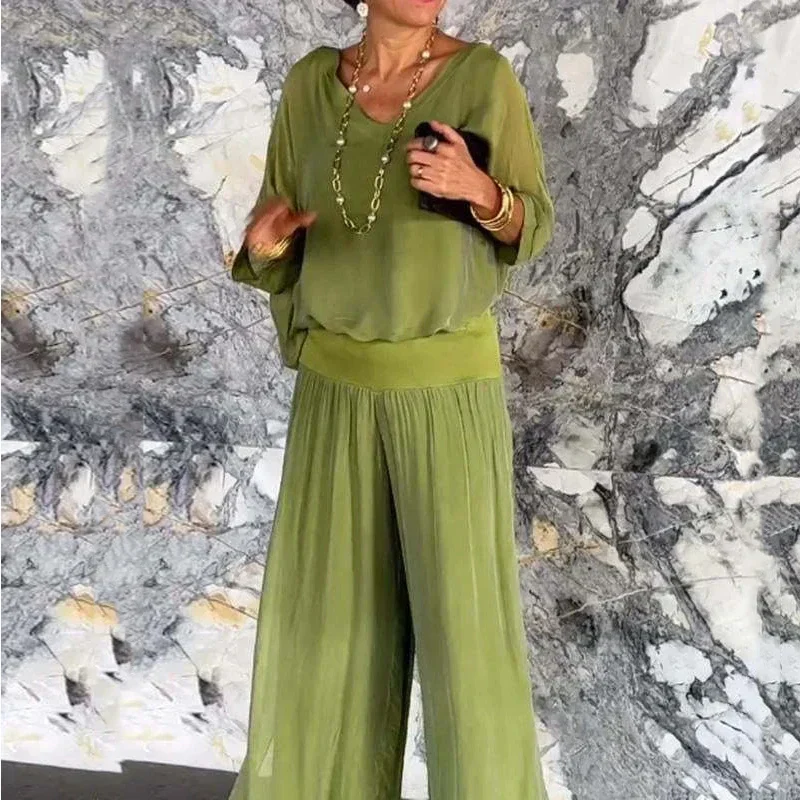 Heidi-Mode | Elegantes Zweiteiliges Set Aus Chiffonoberteil und Hose mit Weitem Bein - Image 7