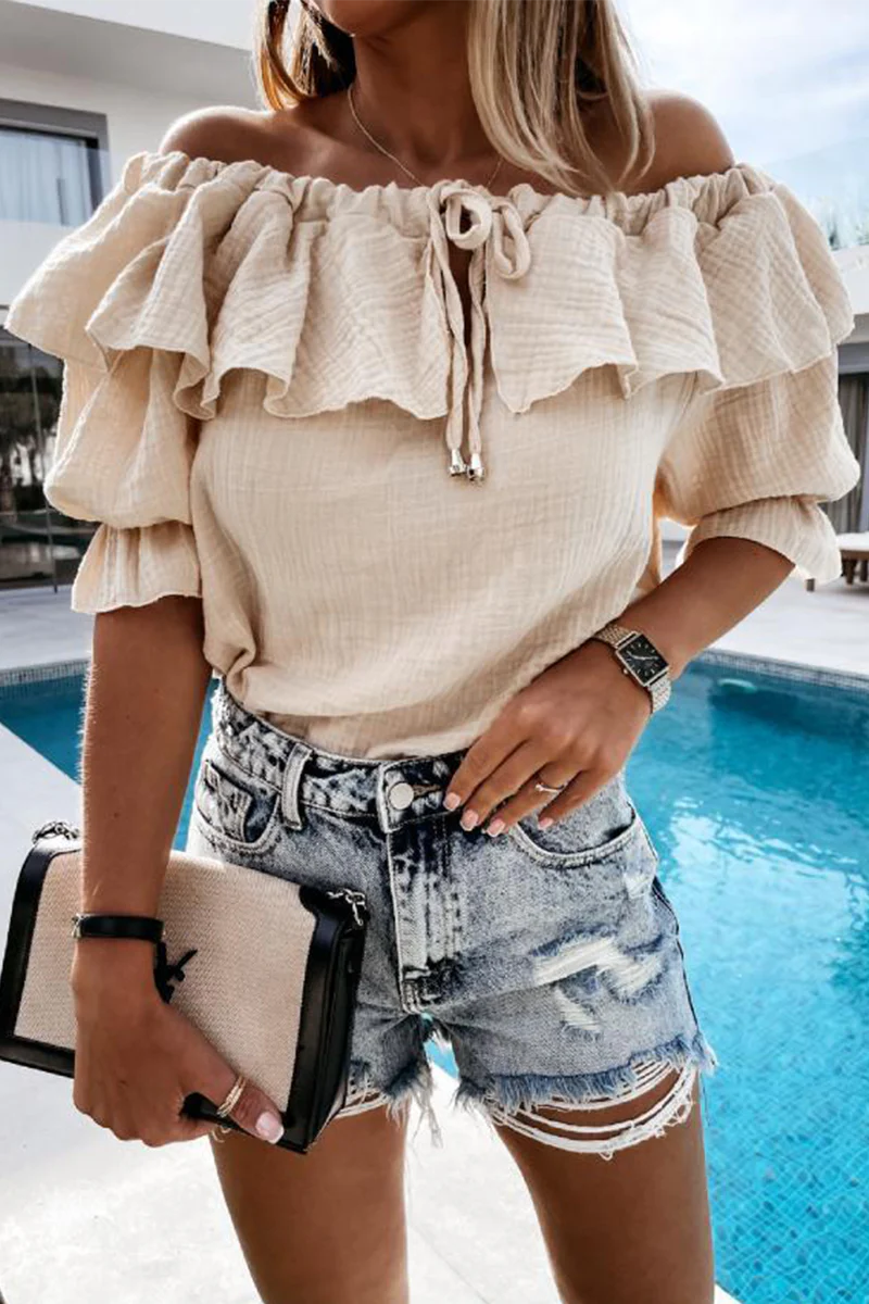 Heidi-Mode | Lässig Street Solid Frenulum Flounce Off The Shoulder Blusen - Image 6