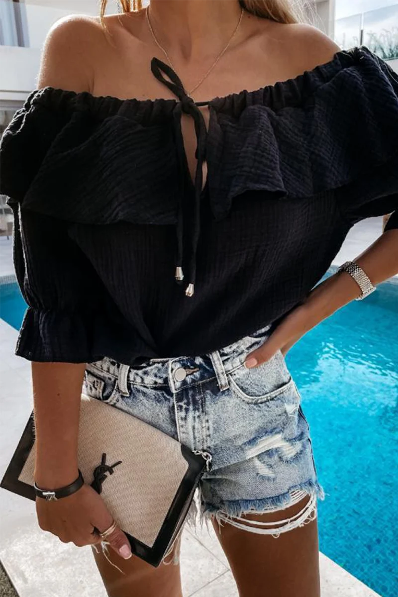Heidi-Mode | Lässig Street Solid Frenulum Flounce Off The Shoulder Blusen - Image 7