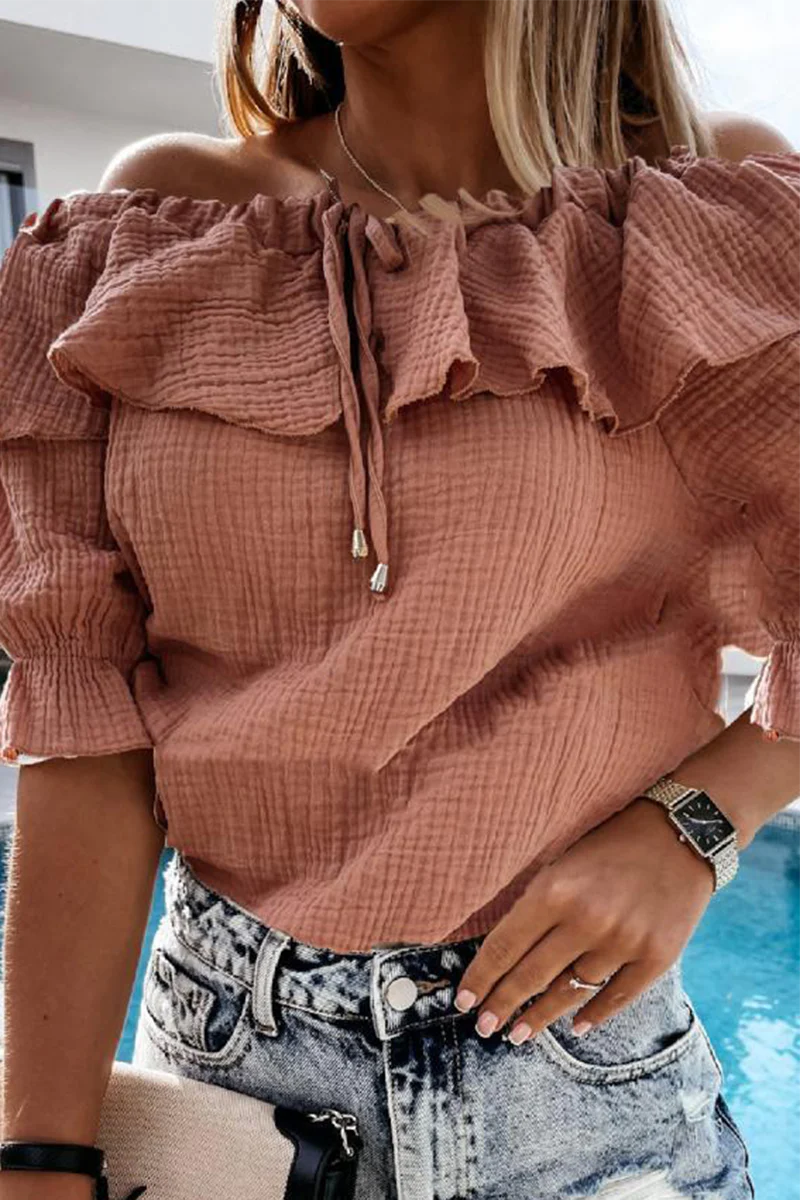 Heidi-Mode | Lässig Street Solid Frenulum Flounce Off The Shoulder Blusen - Image 9