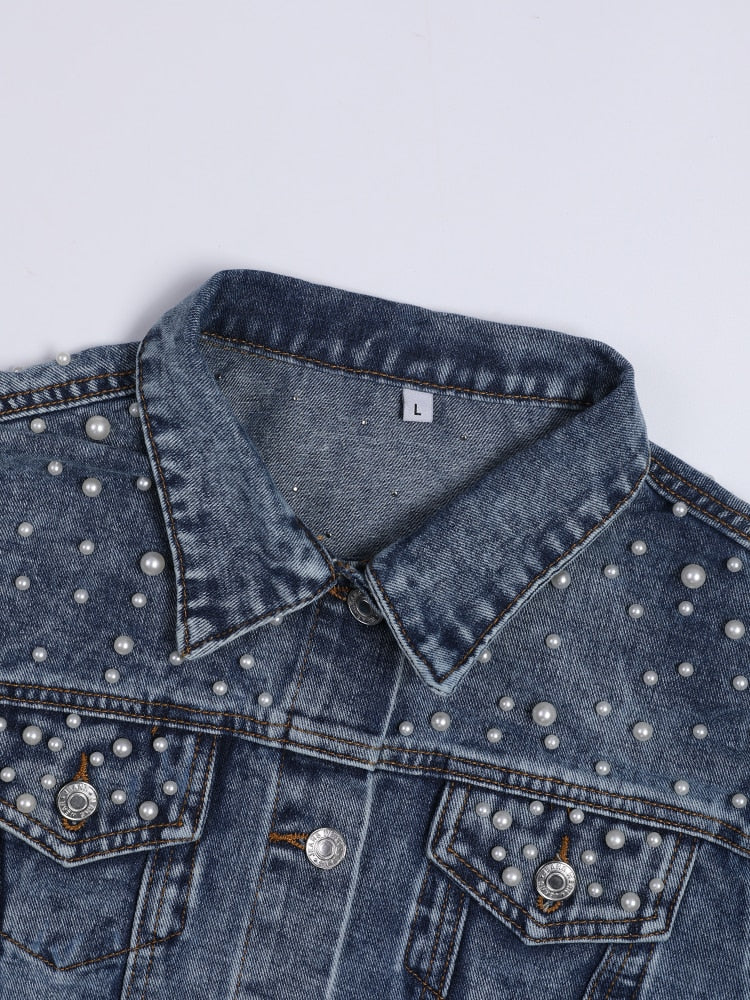 Heidi-Mode | Exklusive Lina Jeansjacke Denim-Liebling mit Stilvoller Perlenverzierung