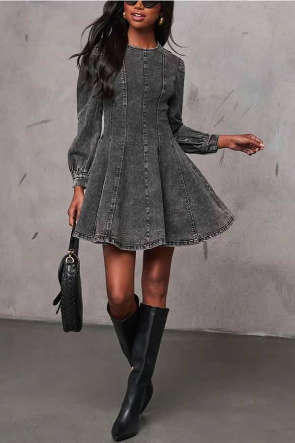 Heidi-Mode | Fade Into You Denim Prinzessinnenlinie Rückenreißverschluss Flare Stretch Mini Kleid - Image 12