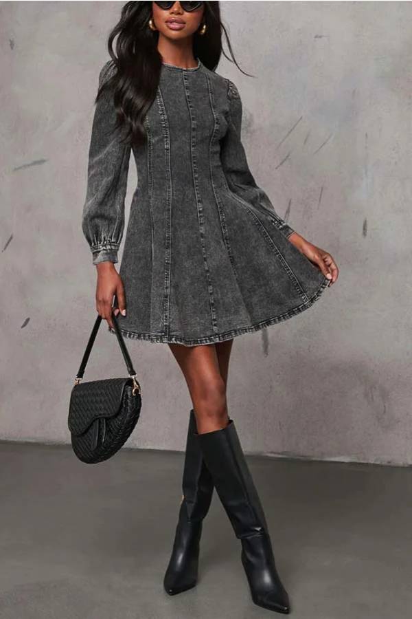 Heidi-Mode | Fade Into You Denim Prinzessinnenlinie Rückenreißverschluss Flare Stretch Mini Kleid - Image 13