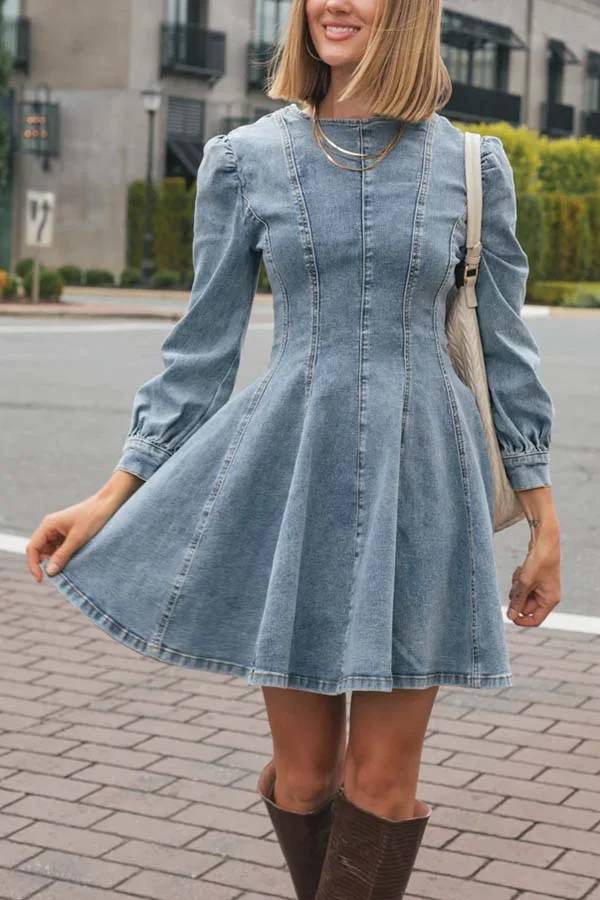 Heidi-Mode | Fade Into You Denim Prinzessinnenlinie Rückenreißverschluss Flare Stretch Mini Kleid - Image 7