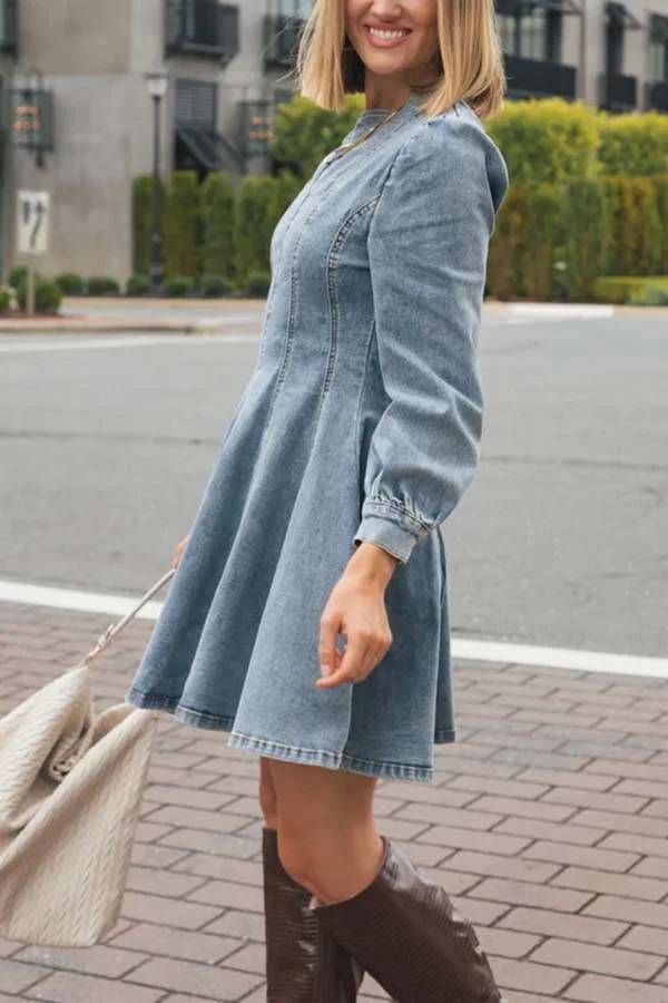 Heidi-Mode | Fade Into You Denim Prinzessinnenlinie Rückenreißverschluss Flare Stretch Mini Kleid - Image 8