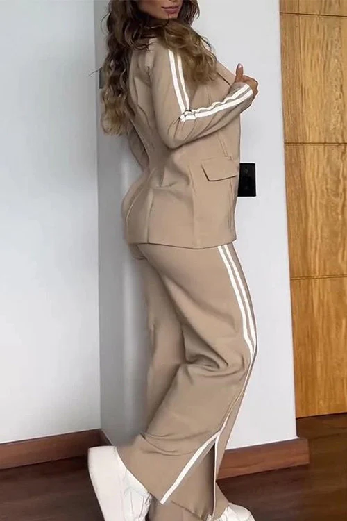 Heidi-Mode | Rosiedress Farbblock Offene Front Blazer Elastischer Taillen Schlitz Weit Beinform Hose Set - Image 2