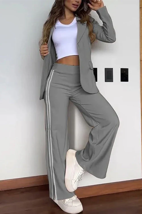 Heidi-Mode | Rosiedress Farbblock Offene Front Blazer Elastischer Taillen Schlitz Weit Beinform Hose Set - Image 6