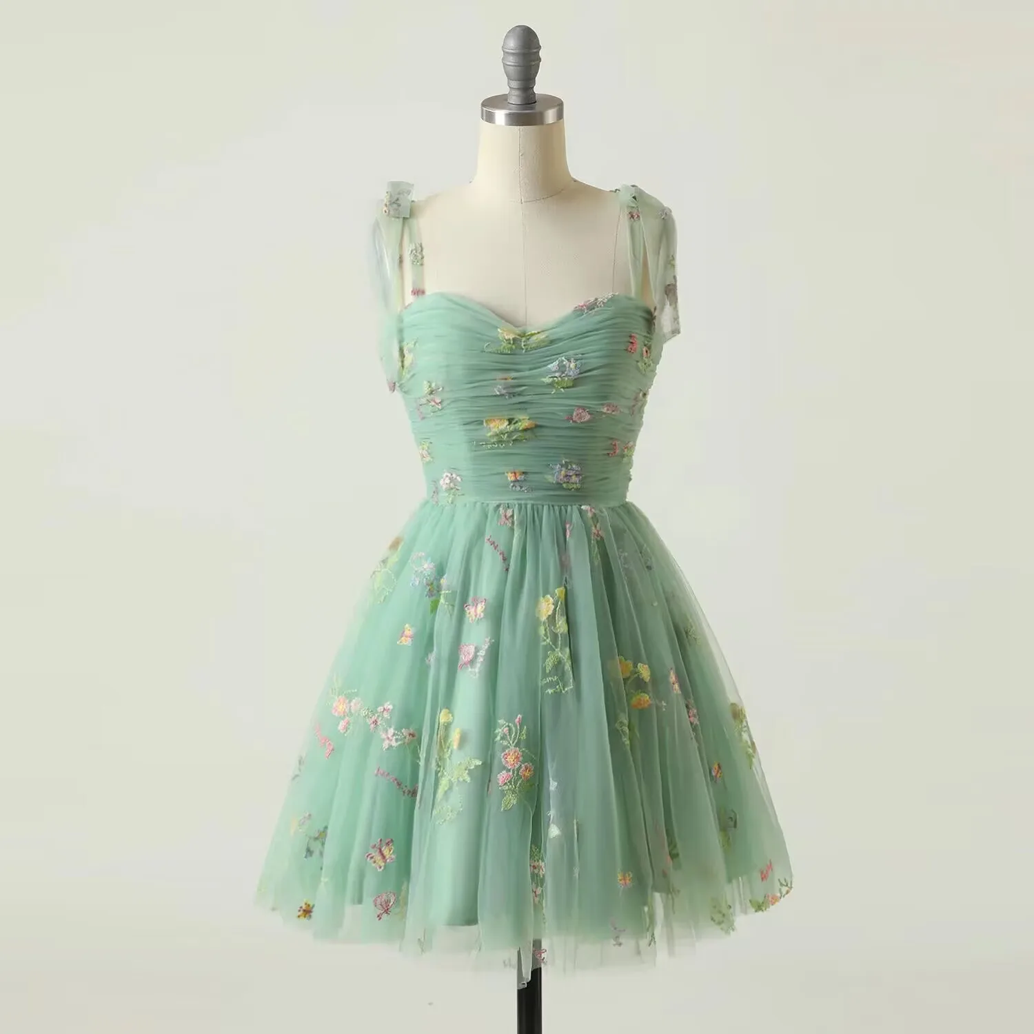 Heidi-Mode | Fairy Forest Green Kurze Prom Kleider Spaghetti-Träger Bunte Blumen Spitze Abend Feier - Image 5