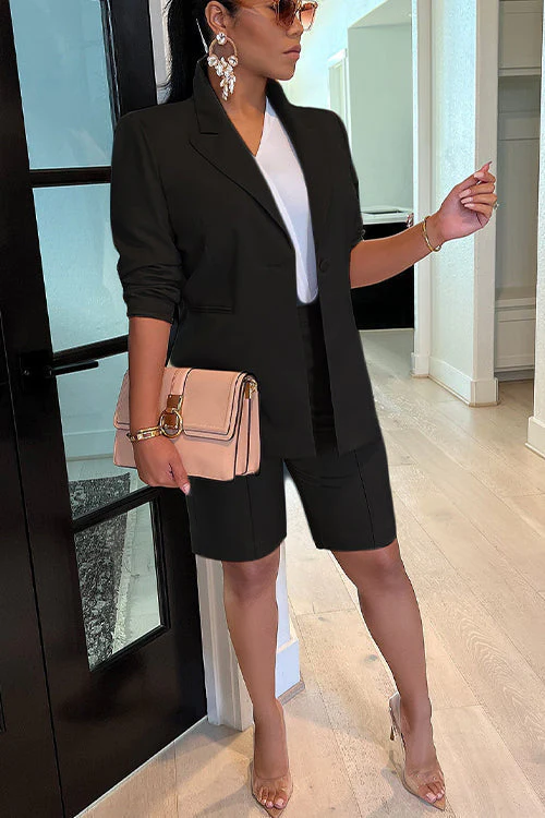 Heidi-Mode | Rosiedress Solide Langarm Blazer und Shorts Büro Set - Image 3