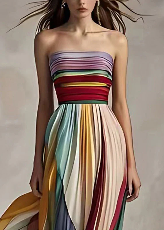 Heidi-Mode | Fit Gestreifte Kalte Schulter Geraffte Lange Kleid Ohne Ärmel - Image 2