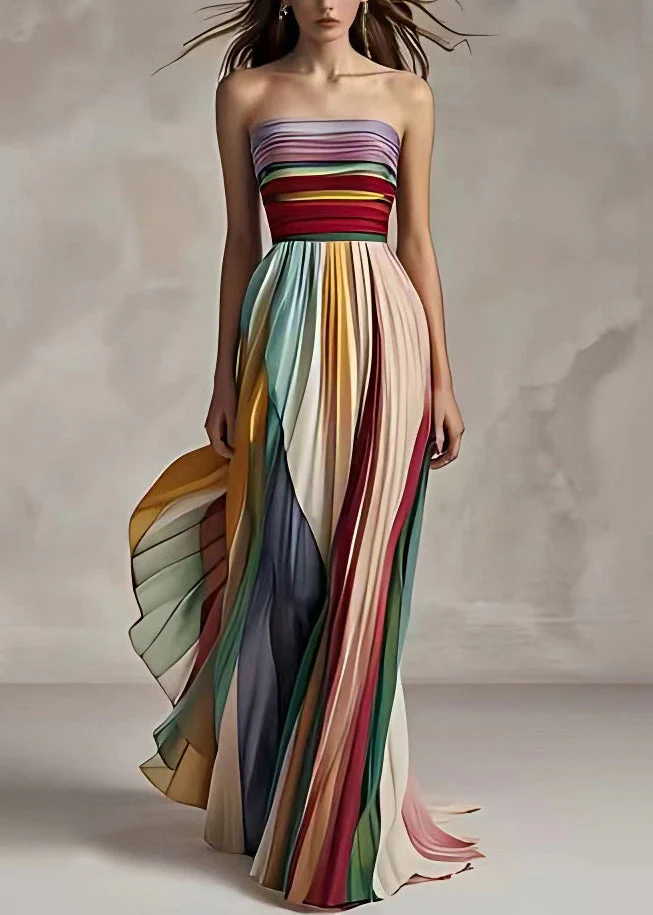 Heidi-Mode | Fit Gestreifte Kalte Schulter Geraffte Lange Kleid Ohne Ärmel - Image 5