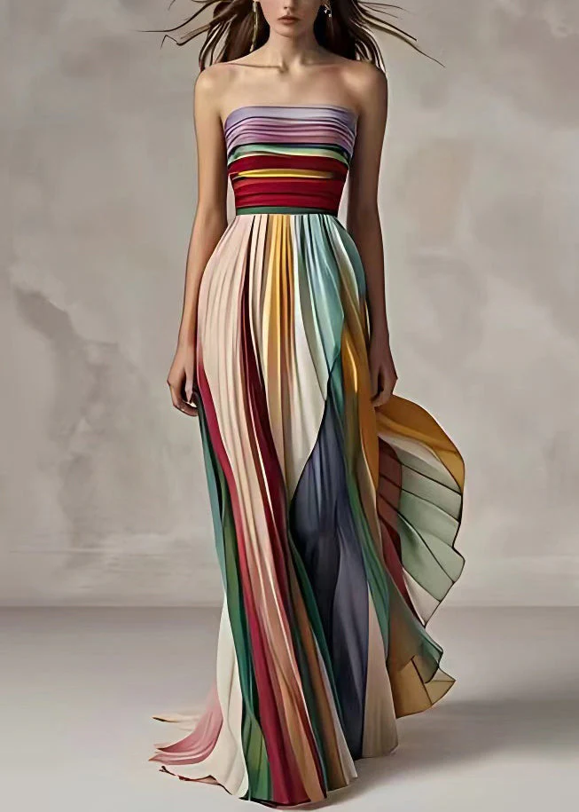 Heidi-Mode | Fit Gestreifte Kalte Schulter Geraffte Lange Kleid Ohne Ärmel - Image 6