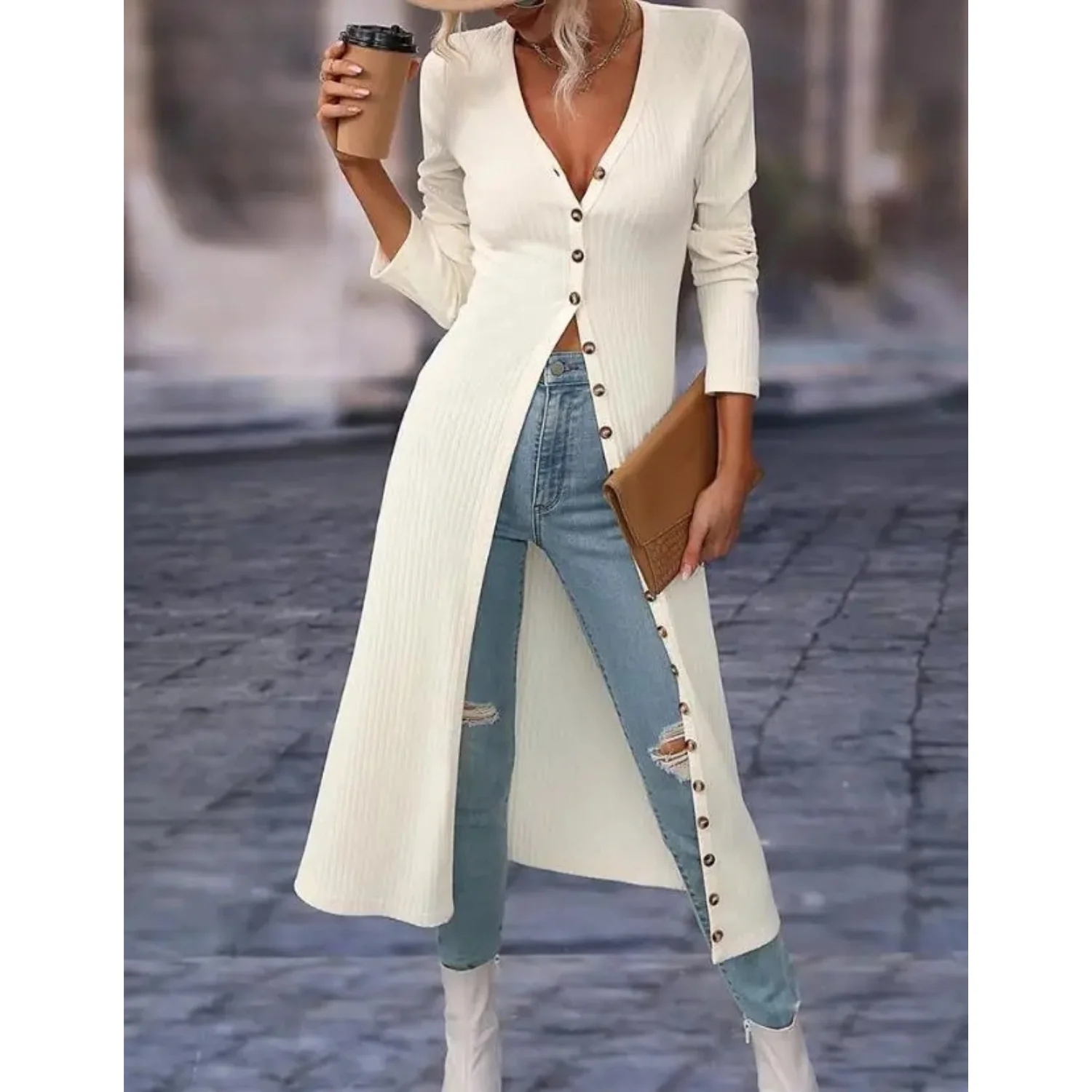 Heidi-Mode | Fit V-Ausschnitt mit Knopf Lange Sommerjacke - Image 2