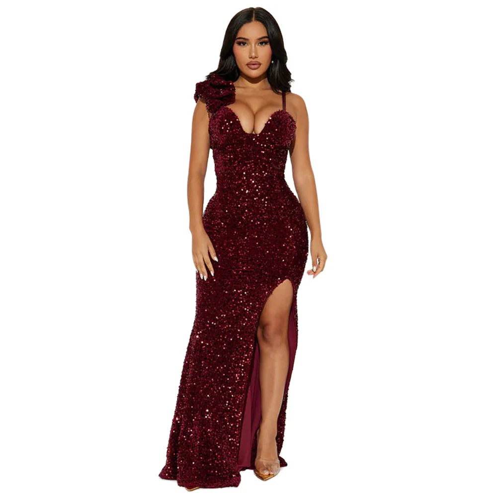 Heidi-Mode | Frauen Tragen Einfarbig Sexy Träger Paillett Maxi Kleid Schlitz Abendkleid - Image 2