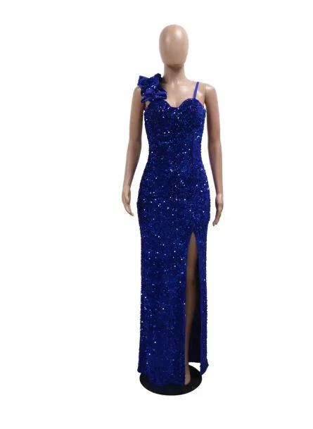 Heidi-Mode | Frauen Tragen Einfarbig Sexy Träger Paillett Maxi Kleid Schlitz Abendkleid - Image 3