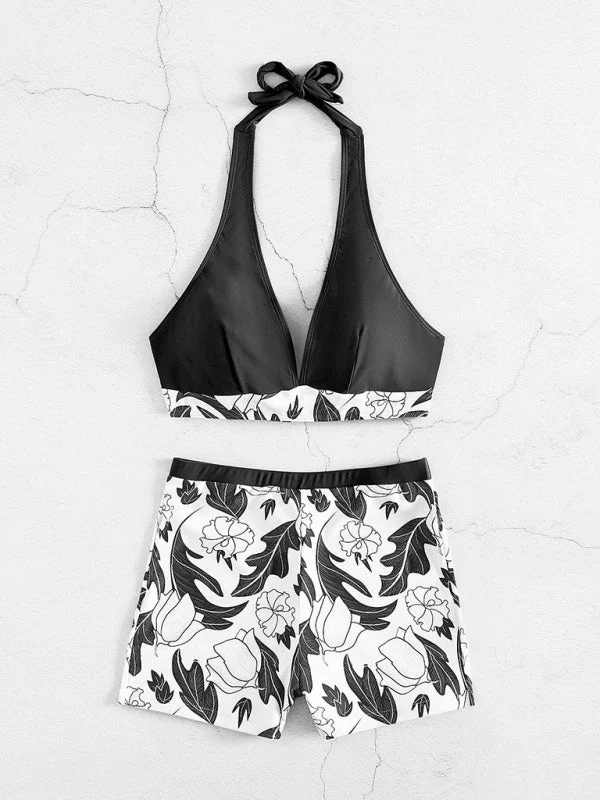 Heidi-Mode | Damen Hohe Taille Boxer Bindung Bedruckt Einfarbiges Panel Bikini - Image 13