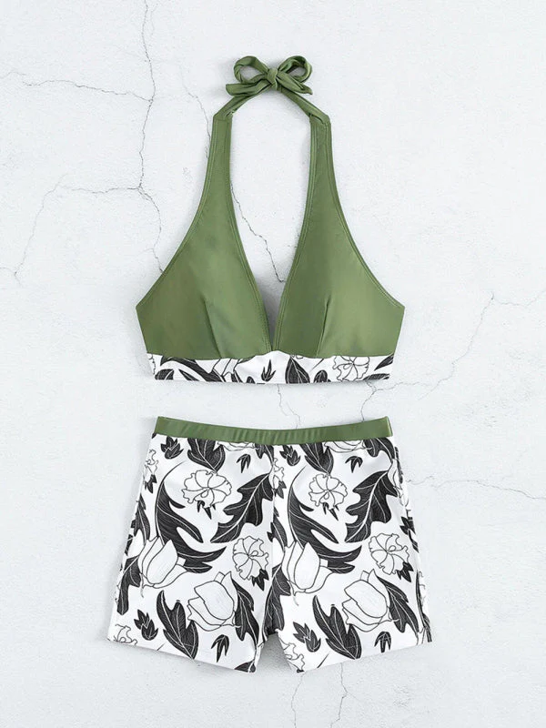 Heidi-Mode | Damen Hohe Taille Boxer Bindung Bedruckt Einfarbiges Panel Bikini - Image 3