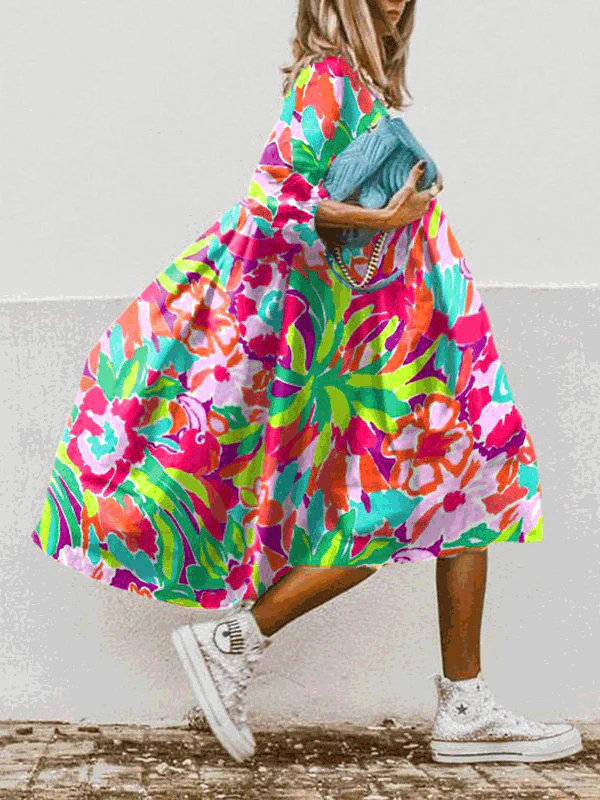 Heidi-Mode | Damen Kleider Boho Print Rundhalsausschnitt Mittelarm Kleid - Image 6