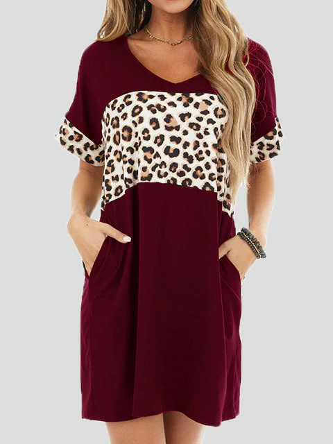 Heidi-Mode | Damenkleider Crew Neck Leopard Panel Tasche Legeres Kleid - Image 3