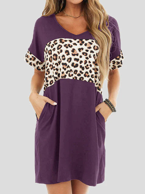 Heidi-Mode | Damenkleider Crew Neck Leopard Panel Tasche Legeres Kleid - Image 4