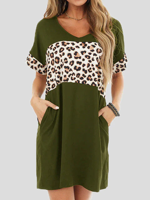 Heidi-Mode | Damenkleider Crew Neck Leopard Panel Tasche Legeres Kleid - Image 5