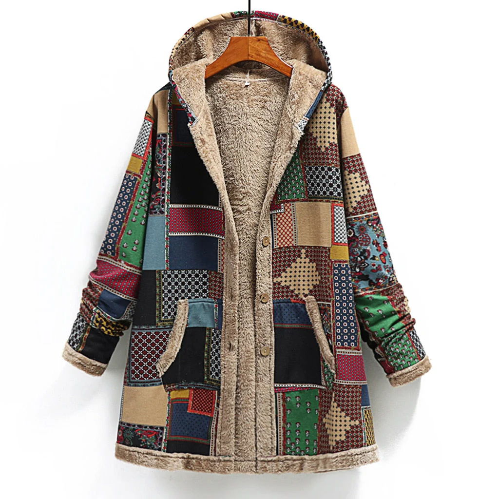 Heidi-Mode | Kapuzenmantel - Patchwork-Design - Gefüttert mit Weichem Sherpa - Knöpfe und Taschen