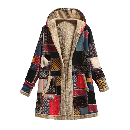 Heidi-Mode | Kapuzenmantel - Patchwork-Design - Gefüttert mit Weichem Sherpa - Knöpfe und Taschen - Image 2