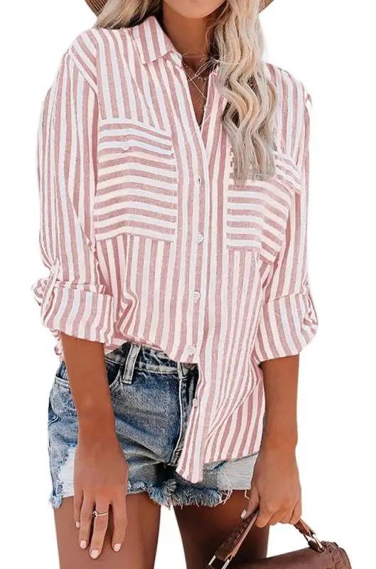 Heidi-Mode | Damen Leinen Baumwolle Gewaschen Wasserstreifen Einreihiges Langarmshirt Damen - Image 2