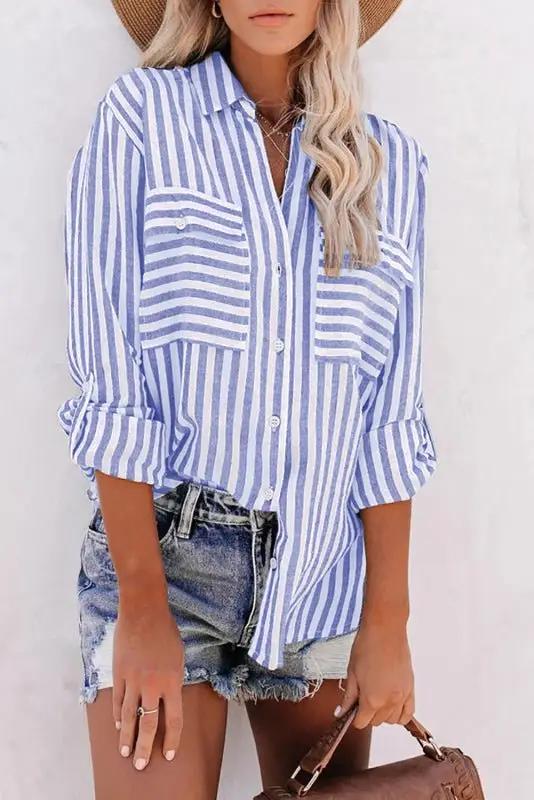Heidi-Mode | Damen Leinen Baumwolle Gewaschen Wasserstreifen Einreihiges Langarmshirt Damen - Image 4