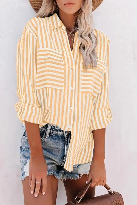 Heidi-Mode | Damen Leinen Baumwolle Gewaschen Wasserstreifen Einreihiges Langarmshirt Damen - Image 6