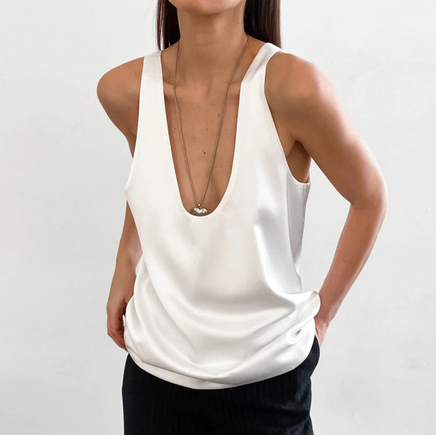Heidi-Mode | Frauen Satin U Hals T-Shirt Ärmelloses Top