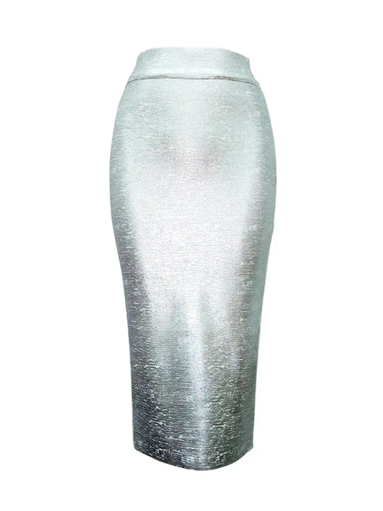 Heidi-Mode | Frauen Sommerrock Sexy Silber Gold Bronzing Midi Bandage Rock High Street Designer Schlanker Fest Midi Bleistiftrock 78Cm - Image 5