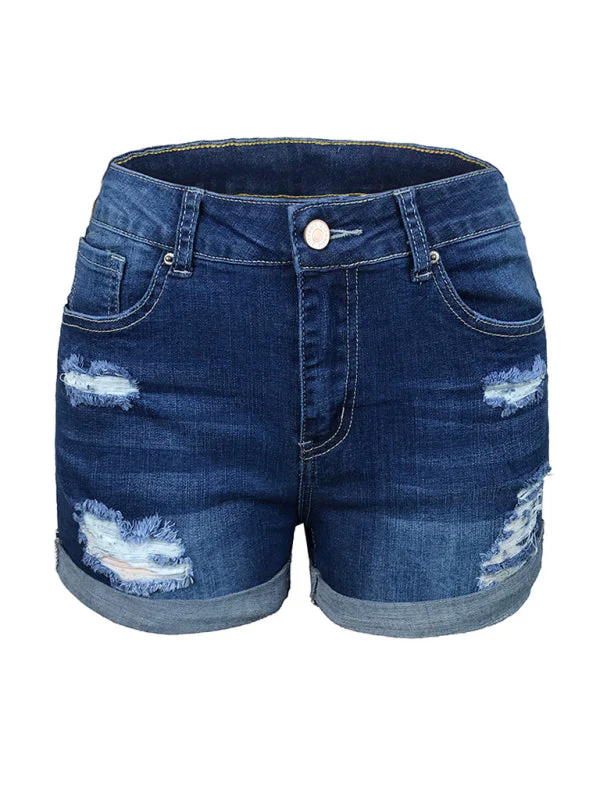 Heidi-Mode | Damen Stretch Mittelhohe Denim-Shorts mit Löchern - Image 9