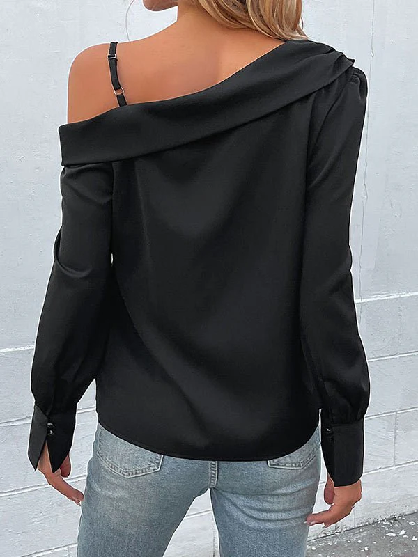 Heidi-Mode | Damen T-Shirts Unregelmäßig Schwarz Träger Langarm T-Shirt - Image 2