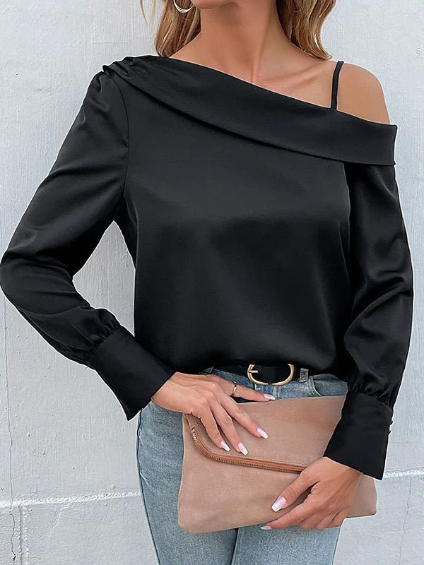 Heidi-Mode | Damen T-Shirts Unregelmäßig Schwarz Träger Langarm T-Shirt - Image 3