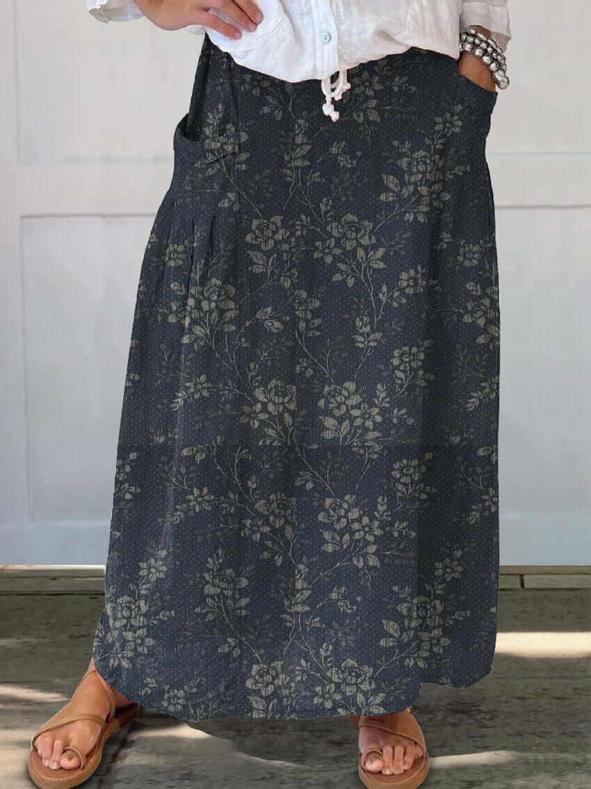 Heidi-Mode | Vintage Blumen Leinen Elastischer Taillenbund Rock mit Taschen - Image 2