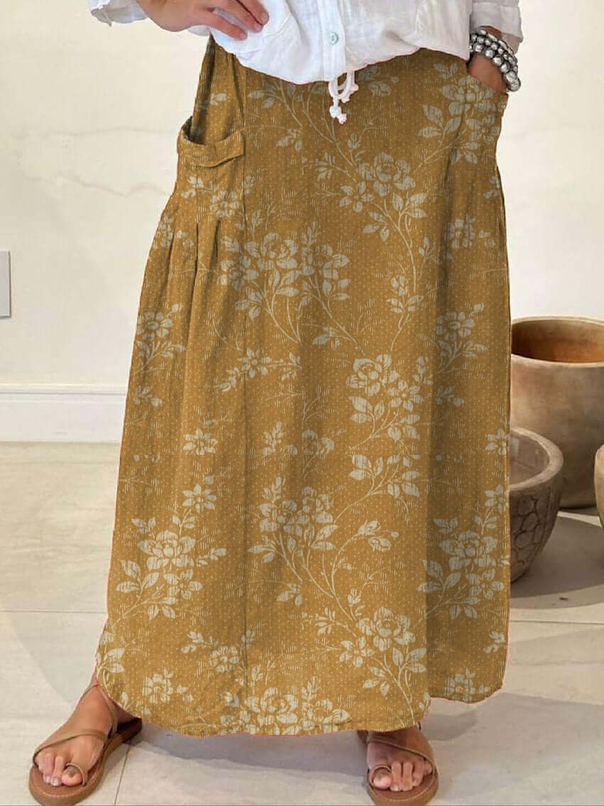Heidi-Mode | Vintage Blumen Leinen Elastischer Taillenbund Rock mit Taschen - Image 3