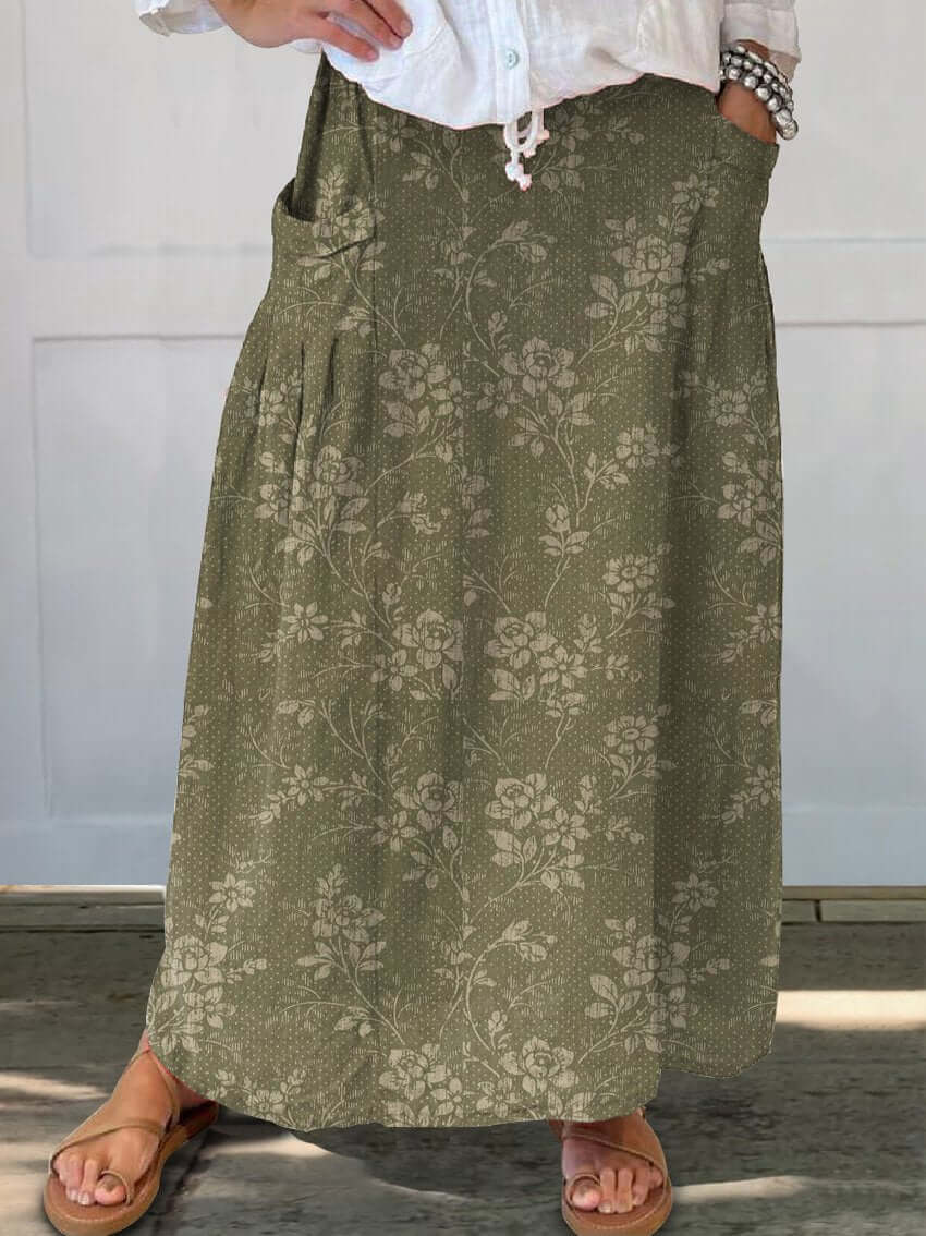 Heidi-Mode | Vintage Blumen Leinen Elastischer Taillenbund Rock mit Taschen - Image 4