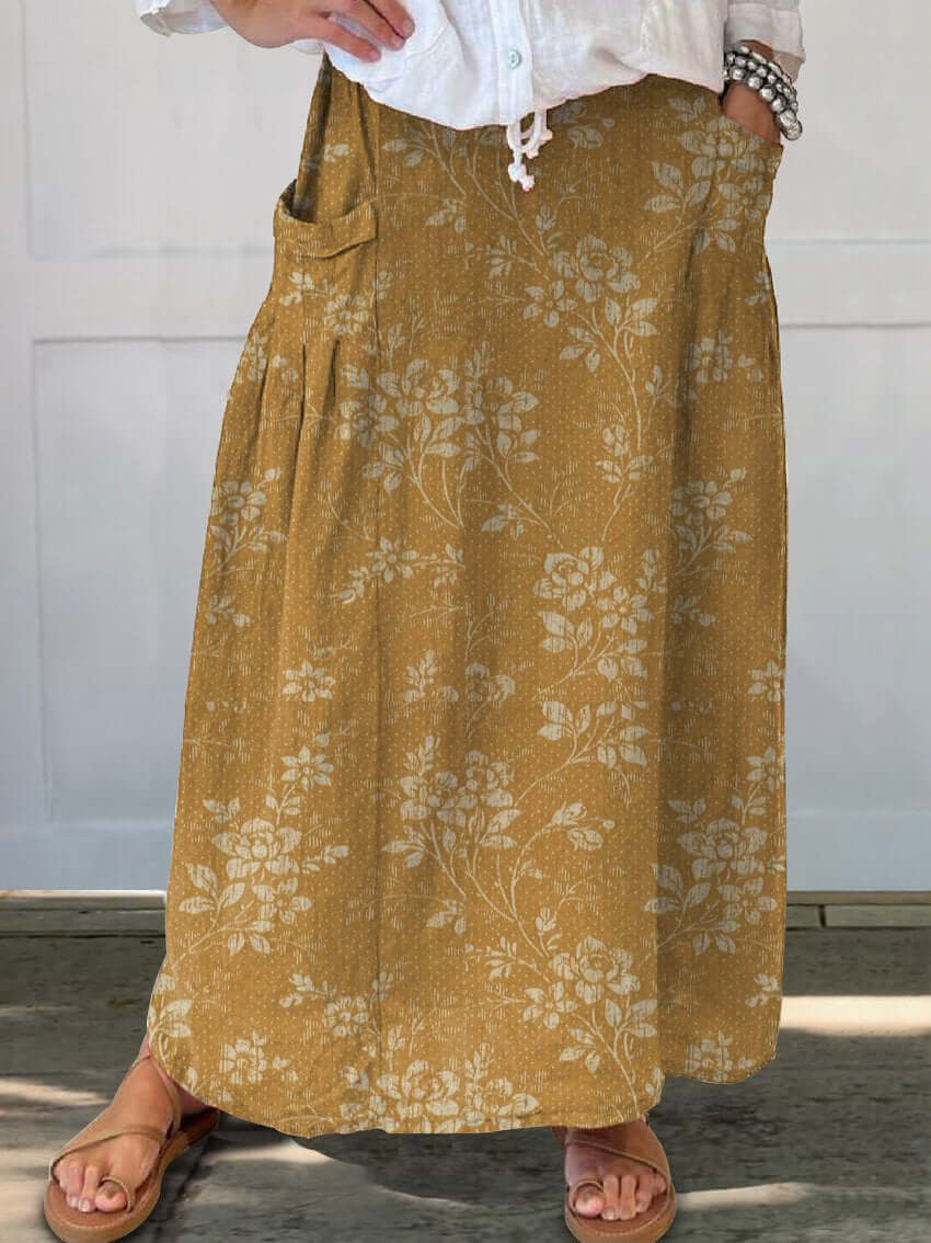 Heidi-Mode | Vintage Blumen Leinen Elastischer Taillenbund Rock mit Taschen - Image 5