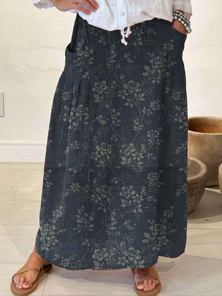 Heidi-Mode | Vintage Blumen Leinen Elastischer Taillenbund Rock mit Taschen - Image 6