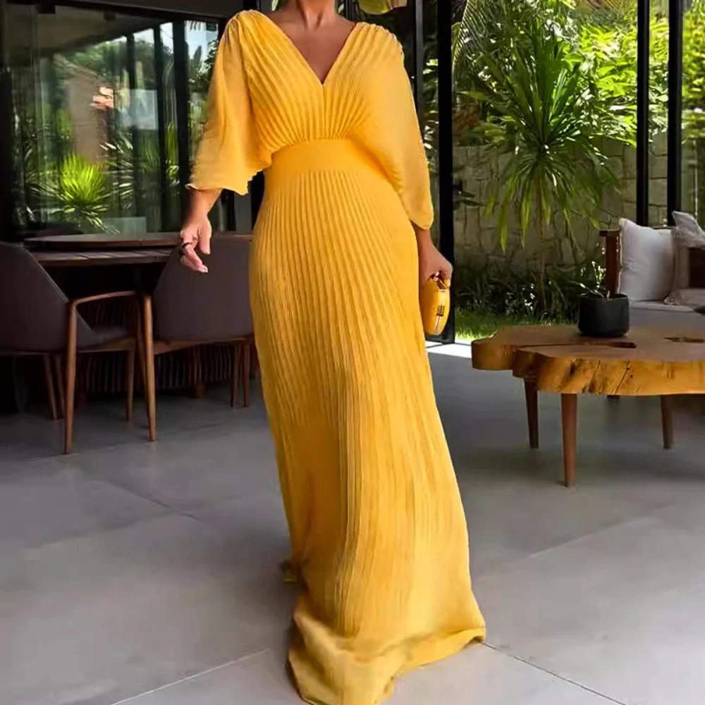 Heidi-Mode | Gefaltetes V-Ausschnitt Maxikleid mit Fließenden Ärmeln für Damen - Image 4