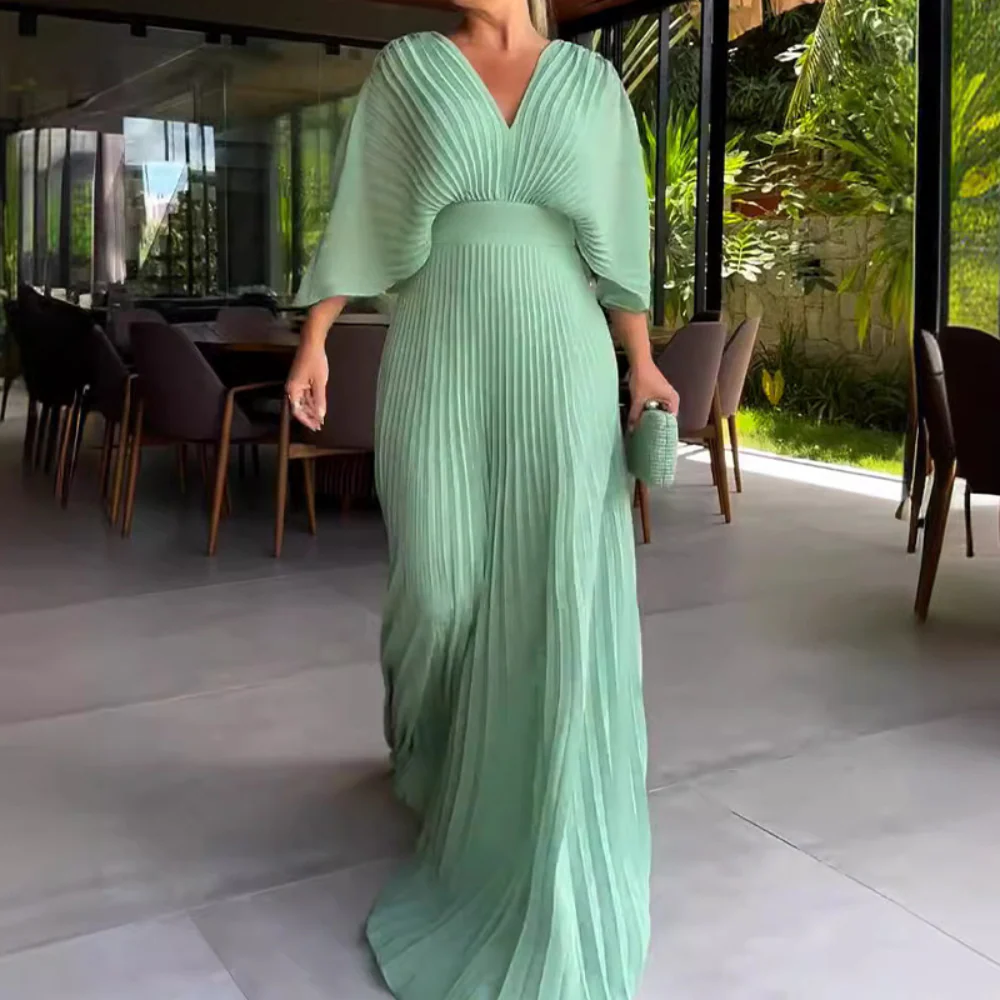Heidi-Mode | Gefaltetes V-Ausschnitt Maxikleid mit Fließenden Ärmeln für Damen - Image 5