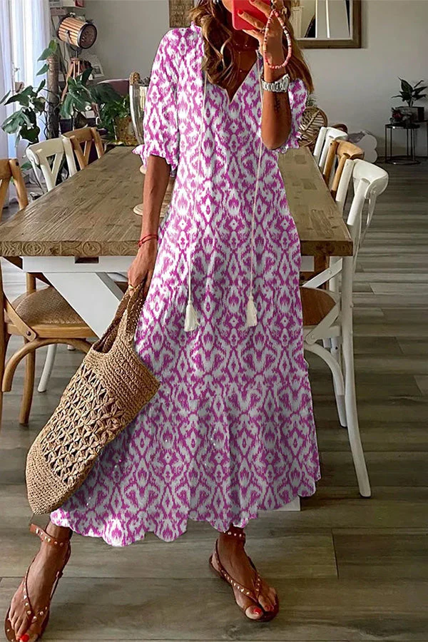 Heidi-Mode | Geometrischer Druck Freizeit V-Ausschnitt Maxi-Kleid - Image 2