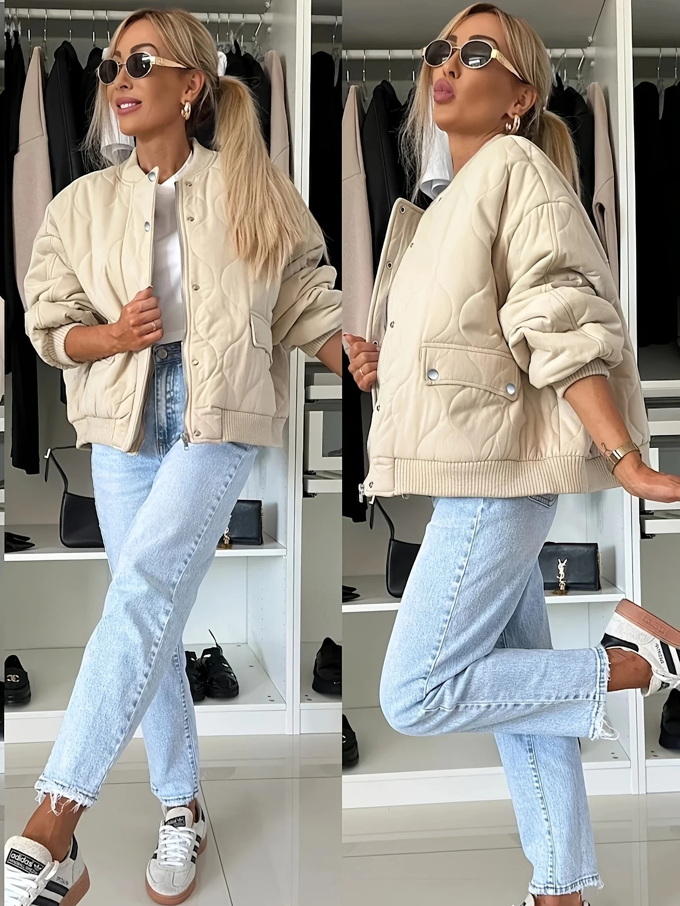 Heidi-Mode | Gequiltete Jacke Farbblock Warmer Pufferjacke Reverskragen und Taschen Ideal für Frühling/herbst