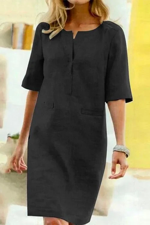 Heidi-Mode | Gerade Kleid mit Kurzen Ärmeln Aus Baumwolle und Leinen - Image 3